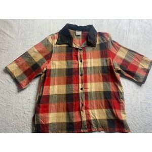 Carolina Colours Women's L Plaid Patchwork Short Sleeve Button Up Shirt Top Fall